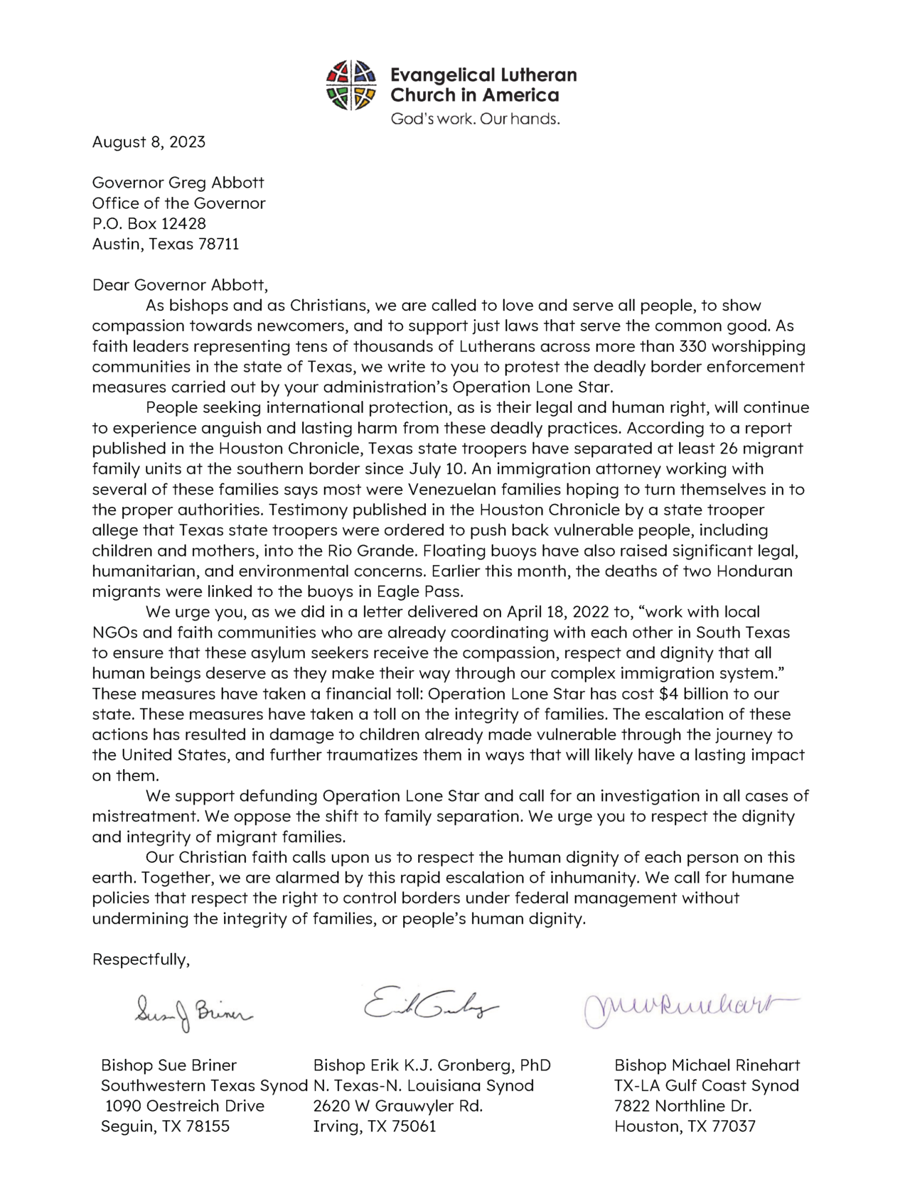 Lutheran Bishops Urge End to Operation Lone Star - Texas Impact